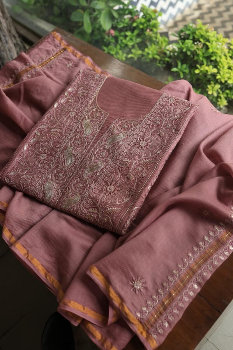 Deep Rose Shade Maheshwari Chikankari Unstitched Fabric