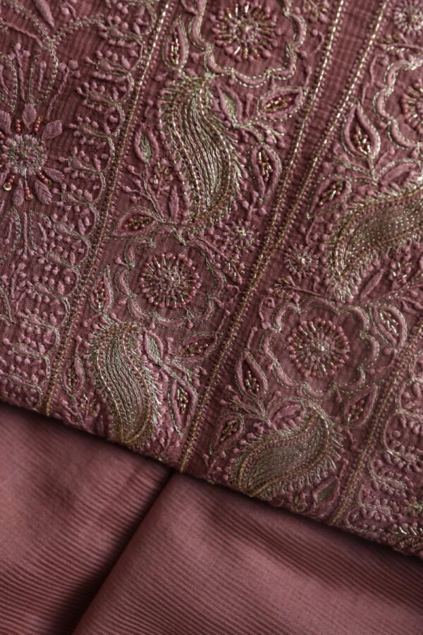 Deep Rose Shade Maheshwari Chikankari Unstitched Fabric - Image 2