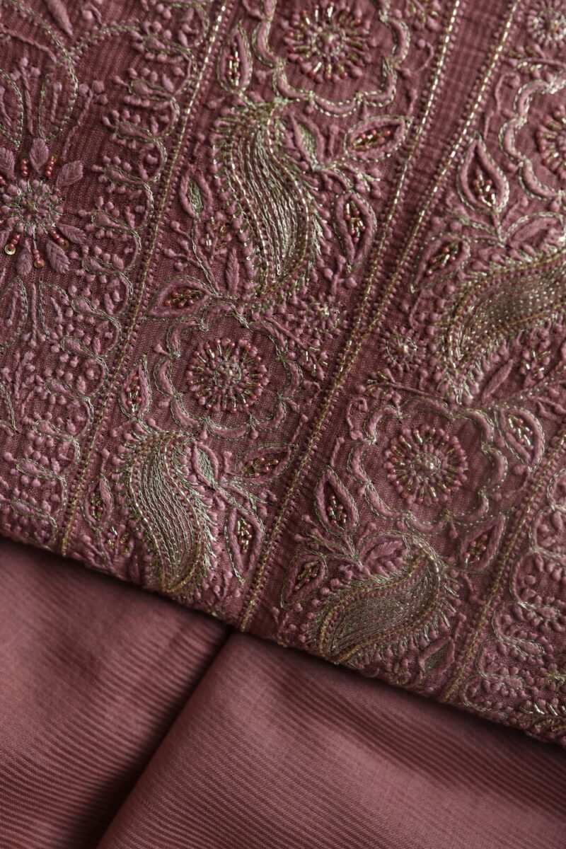 Deep Rose Shade Maheshwari Chikankari Unstitched Fabric