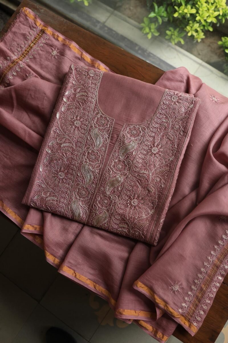 Deep Rose Shade Maheshwari Chikankari Unstitched Fabric