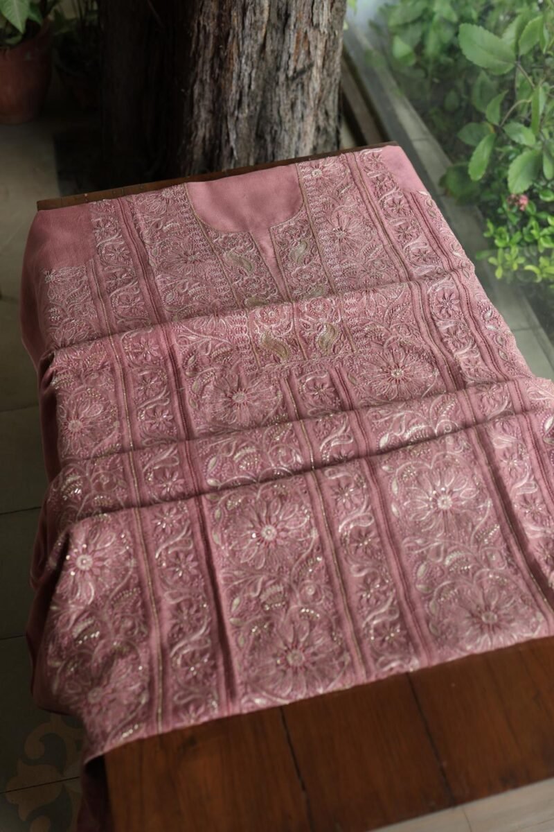 Deep Rose Shade Maheshwari Chikankari Unstitched Fabric