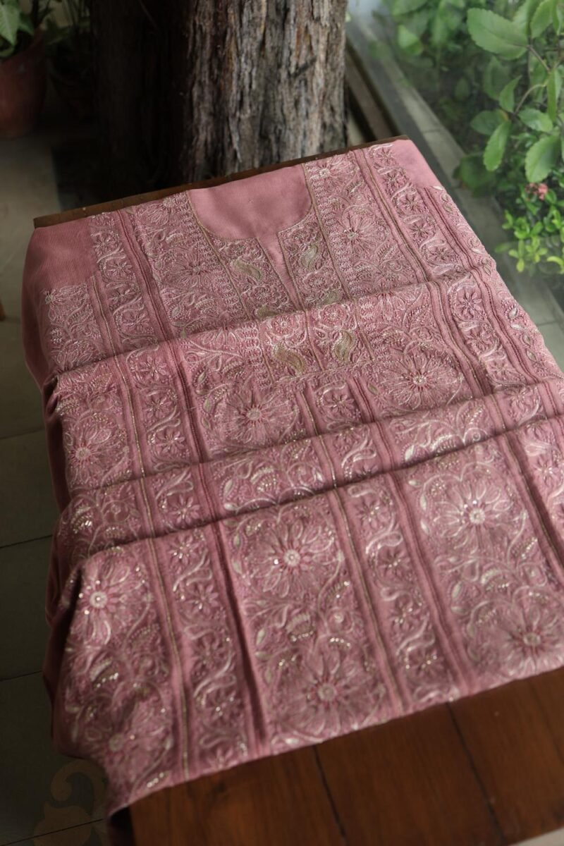 Deep Rose Shade Maheshwari Chikankari Unstitched Fabric
