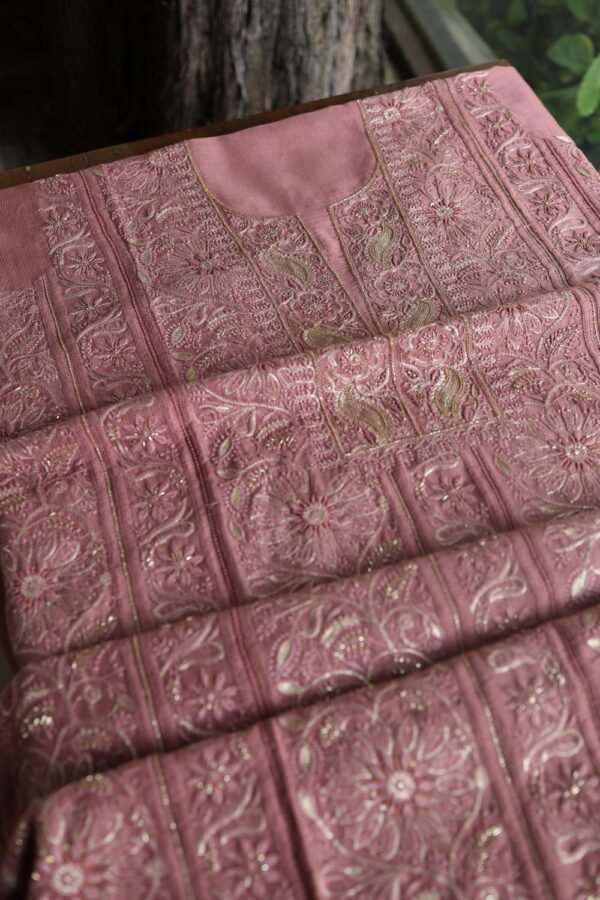 Deep Rose Shade Maheshwari Chikankari Unstitched Fabric - Image 10