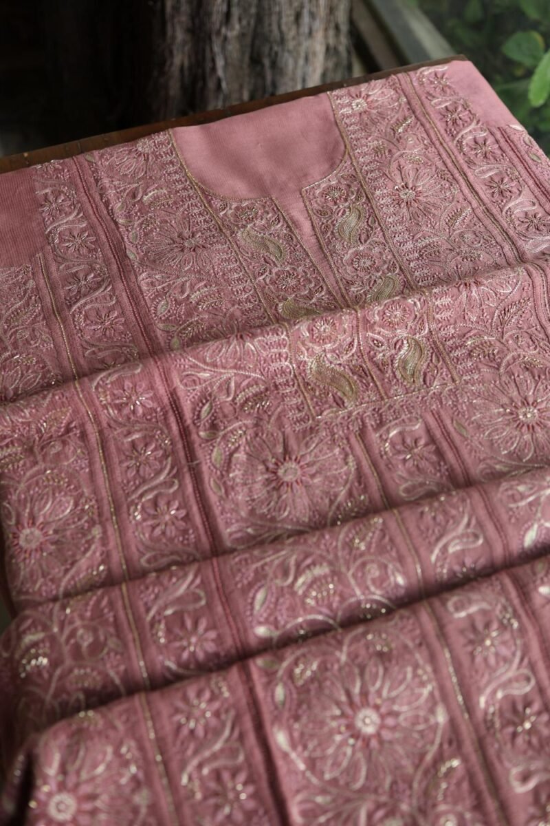 Deep Rose Shade Maheshwari Chikankari Unstitched Fabric