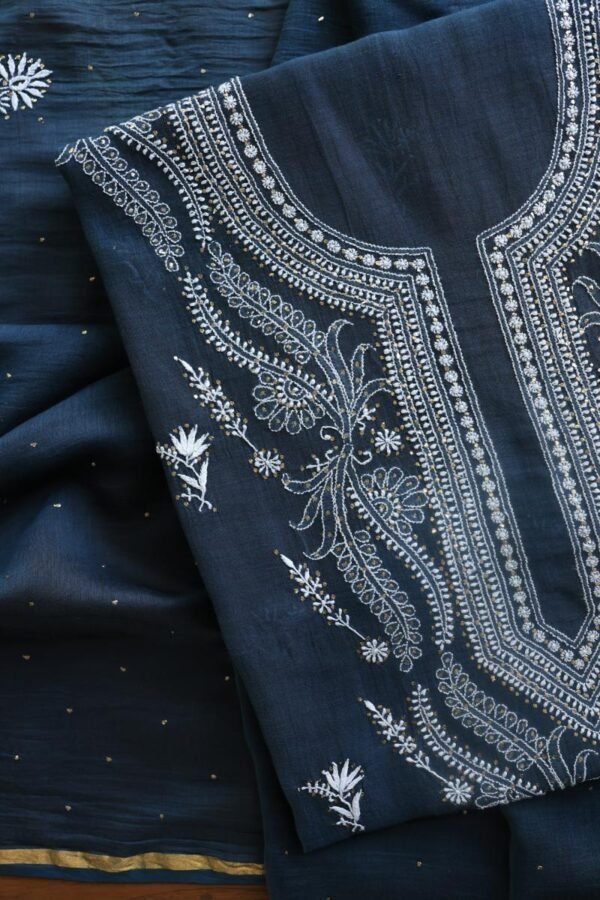 Denim Blue Mal Cotton Chikankari Unstitched Kurta Dupatta Fabrics With Kamdani - Image 3