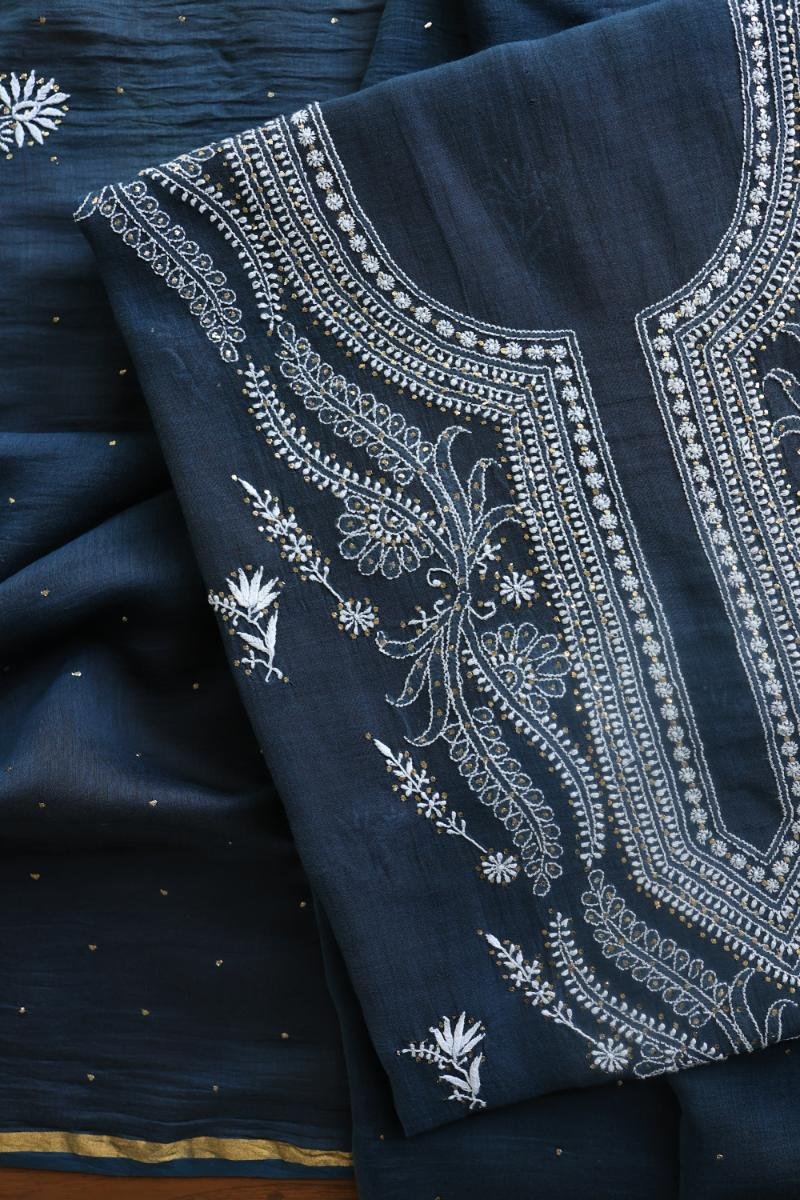 Denim Blue Mal Cotton Chikankari Unstitched Kurta Dupatta Fabrics With Kamdani
