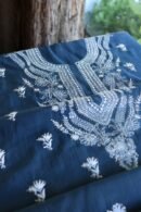 Denim Blue Mal Cotton Chikankari Unstitched Kurta Dupatta Fabrics With Kamdani