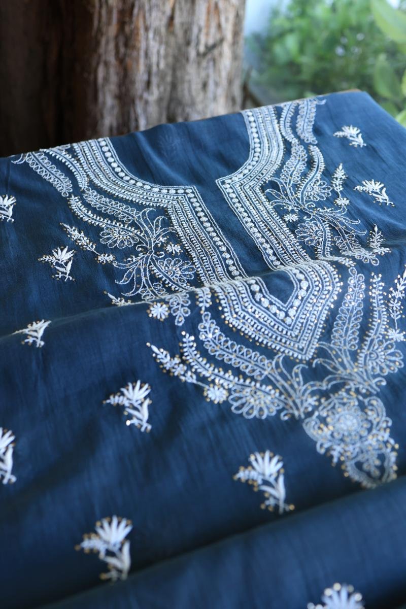 Denim Blue Mal Cotton Chikankari Unstitched Kurta Dupatta Fabrics With Kamdani
