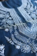 Denim Blue Mal Cotton Chikankari Unstitched Kurta Dupatta Fabrics With Kamdani