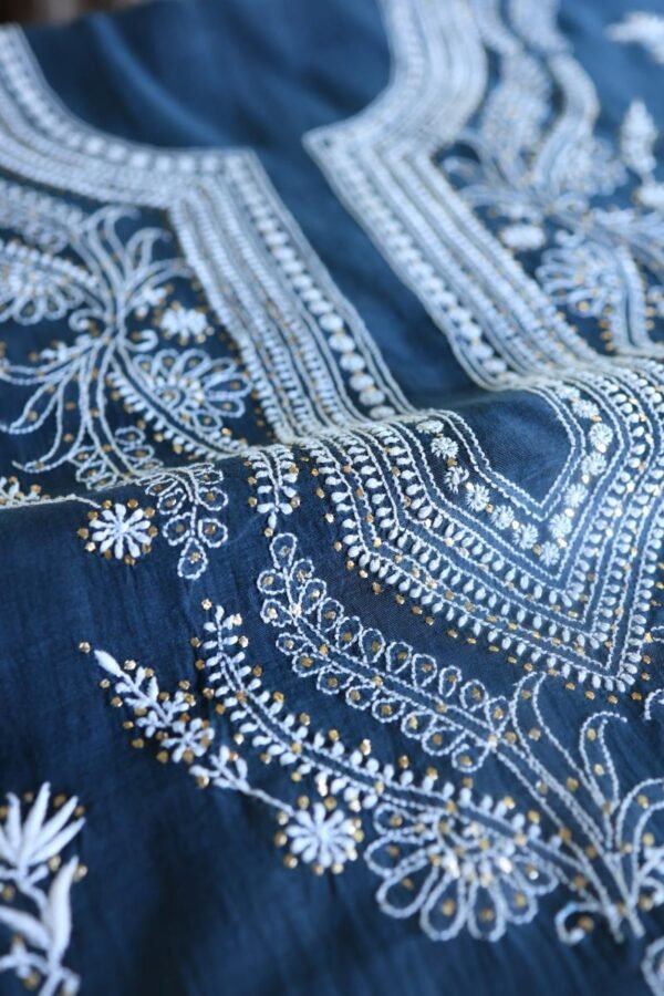 Denim Blue Mal Cotton Chikankari Unstitched Kurta Dupatta Fabrics With Kamdani - Image 16