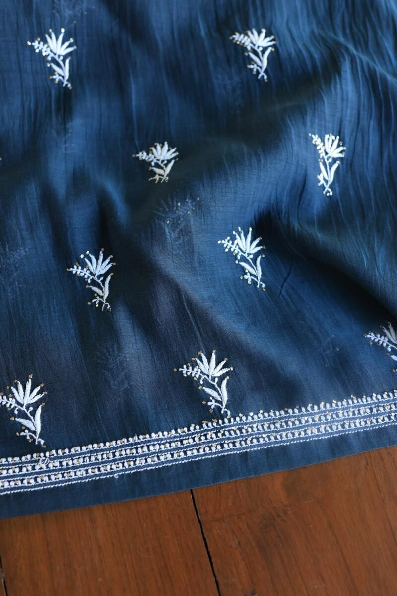 Denim Blue Mal Cotton Chikankari Unstitched Kurta Dupatta Fabrics With Kamdani