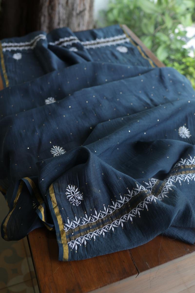Denim Blue Mal Cotton Chikankari Unstitched Kurta Dupatta Fabrics With Kamdani