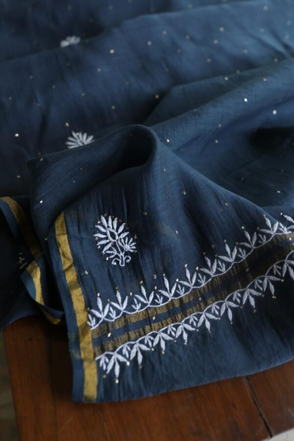 Denim Blue Mal Cotton Chikankari Unstitched Kurta Dupatta Fabrics With Kamdani - Image 14
