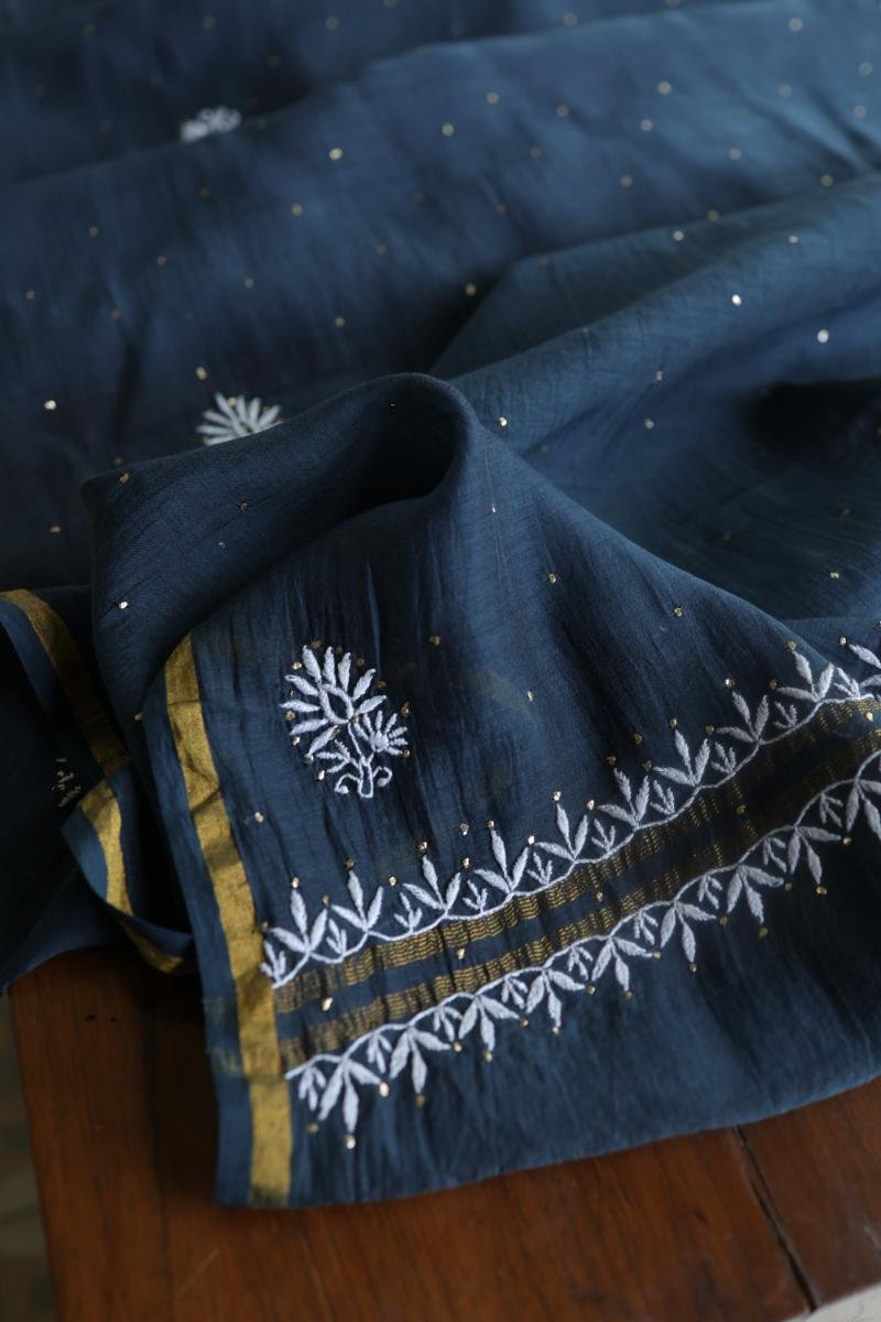 Denim Blue Mal Cotton Chikankari Unstitched Kurta Dupatta Fabrics With Kamdani