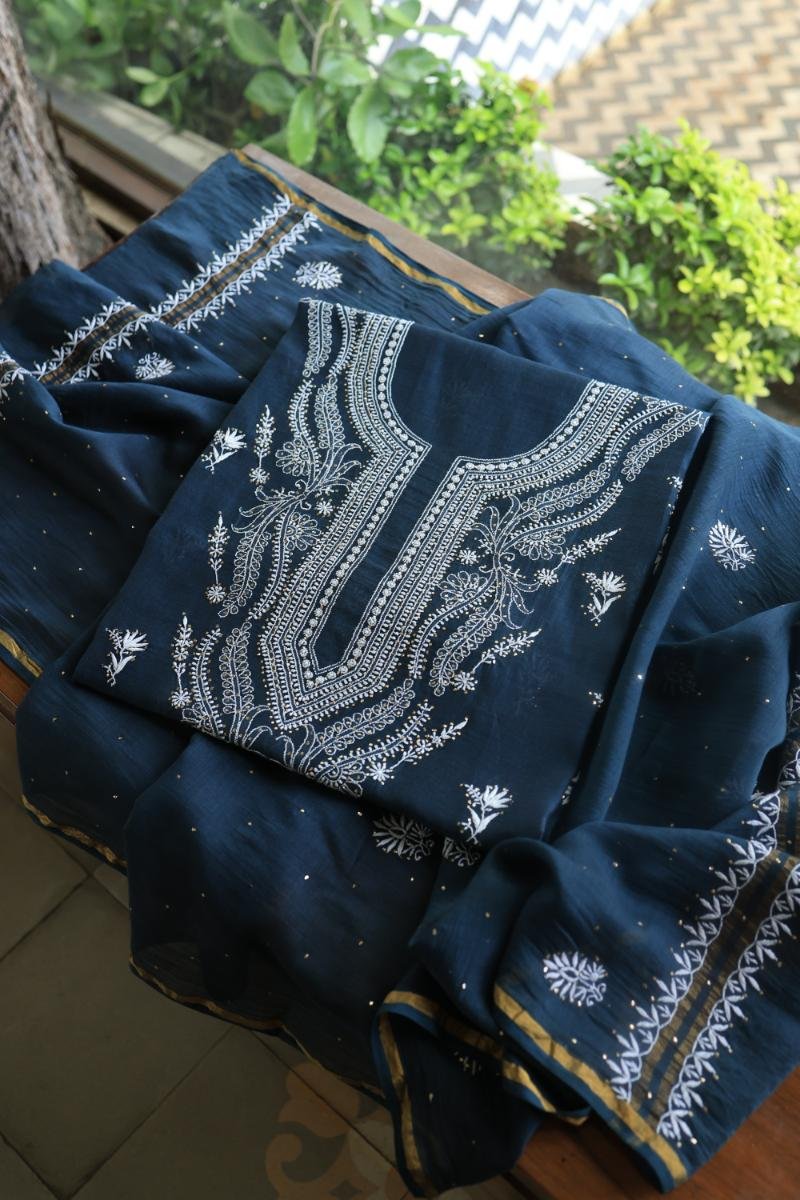 Denim Blue Mal Cotton Chikankari Unstitched Kurta Dupatta Fabrics With Kamdani