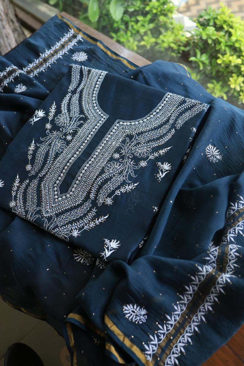 Denim Blue Mal Cotton Chikankari Unstitched Kurta Dupatta Fabrics With Kamdani