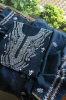 Denim Blue Mal Cotton Chikankari Unstitched Kurta Dupatta Fabrics With Kamdani