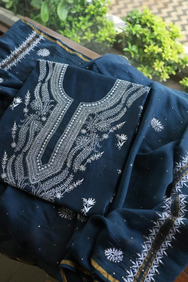 Denim Blue Mal Cotton Chikankari Unstitched Kurta Dupatta Fabrics With Kamdani