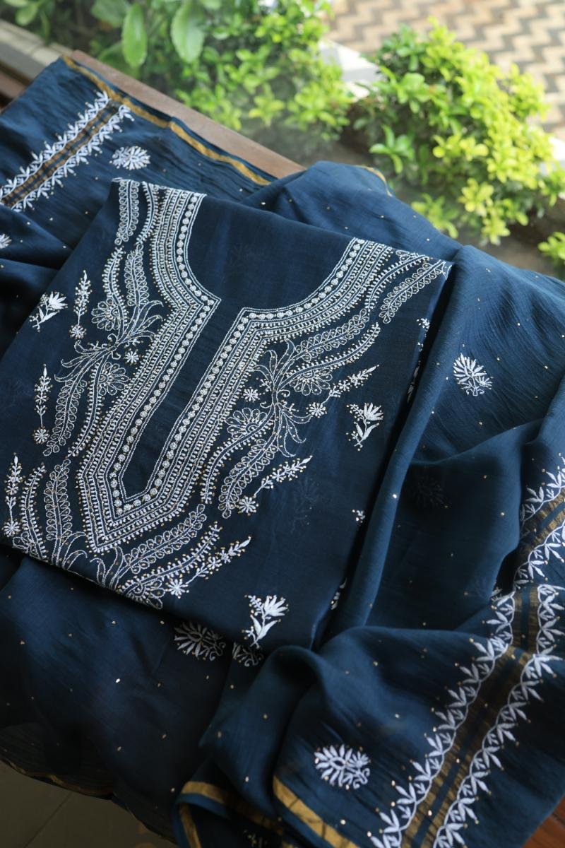 Denim Blue Mal Cotton Chikankari Unstitched Kurta Dupatta Fabrics With Kamdani