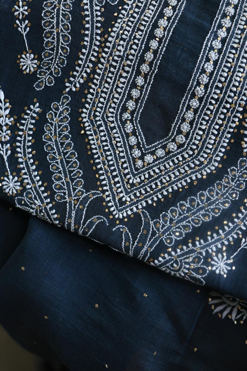 Denim Blue Mal Cotton Chikankari Unstitched Kurta Dupatta Fabrics With Kamdani