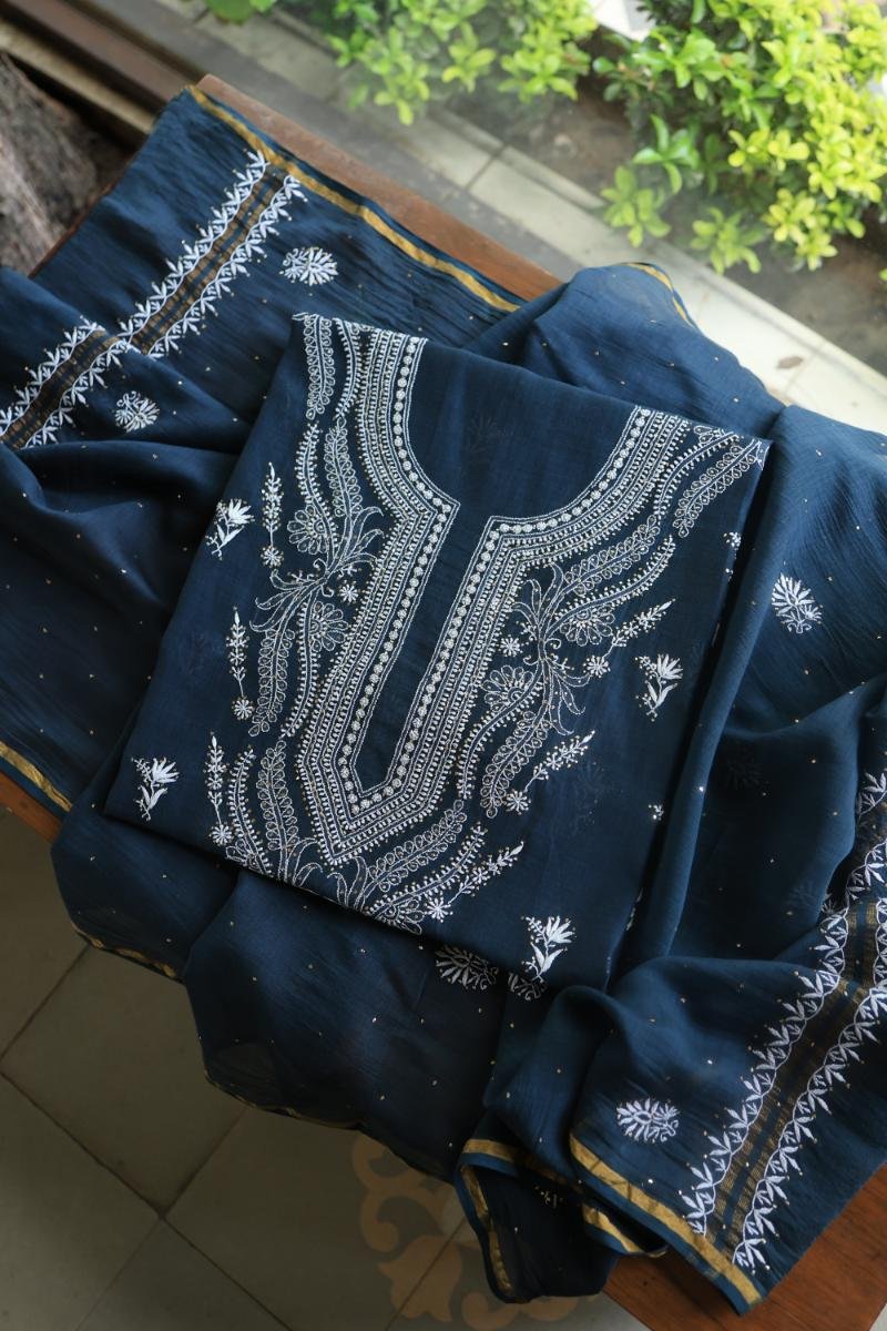 Denim Blue Mal Cotton Chikankari Unstitched Kurta Dupatta Fabrics With Kamdani
