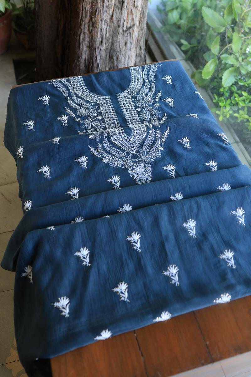 Denim Blue Mal Cotton Chikankari Unstitched Kurta Dupatta Fabrics With Kamdani