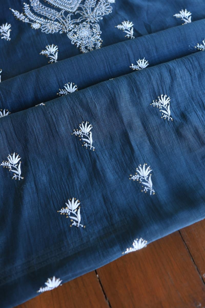 Denim Blue Mal Cotton Chikankari Unstitched Kurta Dupatta Fabrics With Kamdani