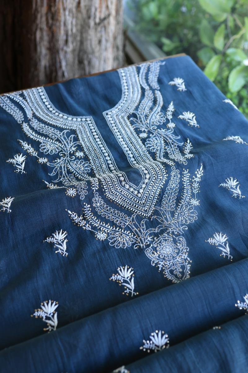 Denim Blue Mal Cotton Chikankari Unstitched Kurta Dupatta Fabrics With Kamdani