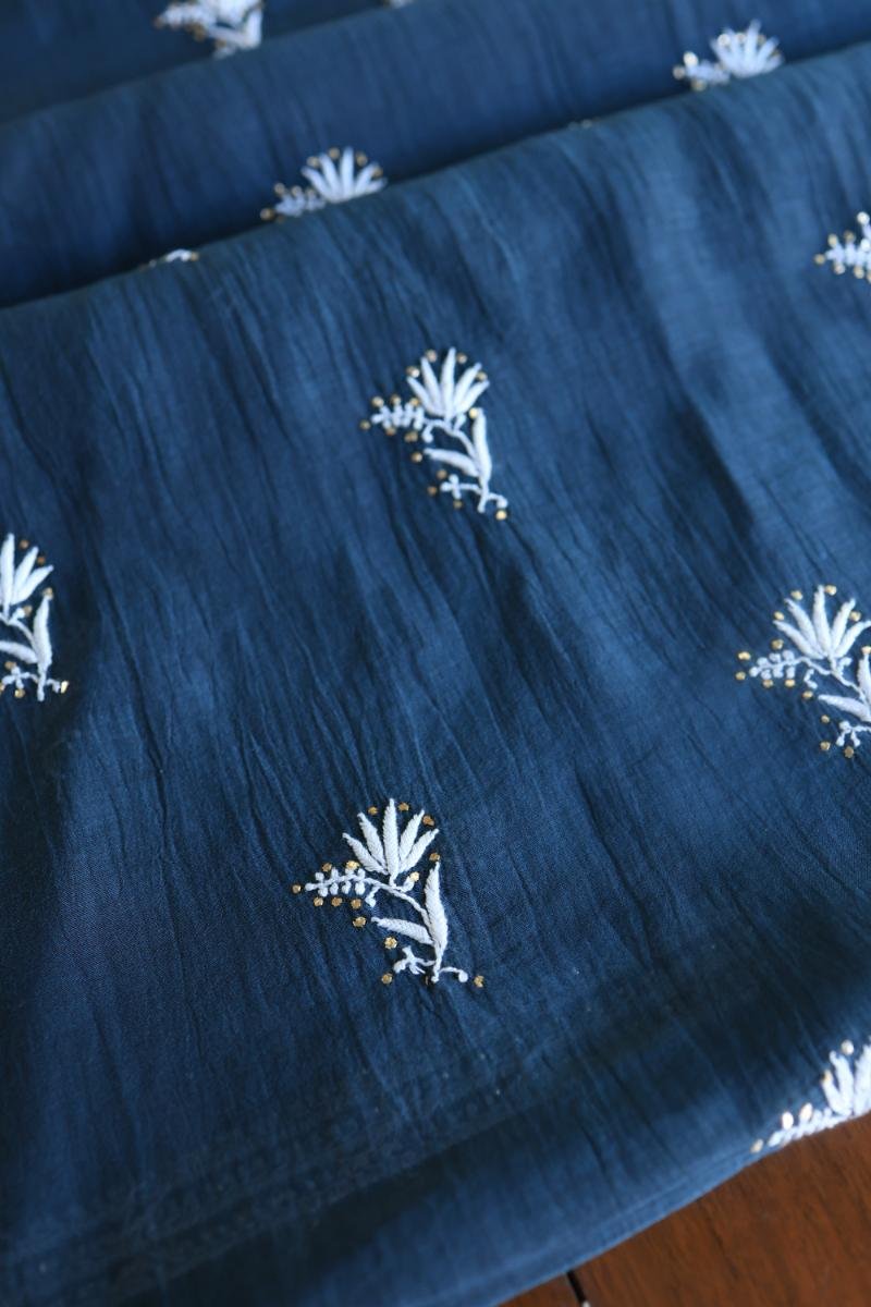 Denim Blue Mal Cotton Chikankari Unstitched Kurta Dupatta Fabrics With Kamdani