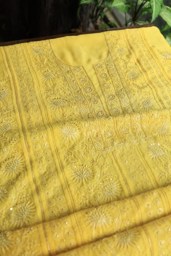 Dull Yellow Maheshwari Chikankari Unstitched Fabric - Image 10