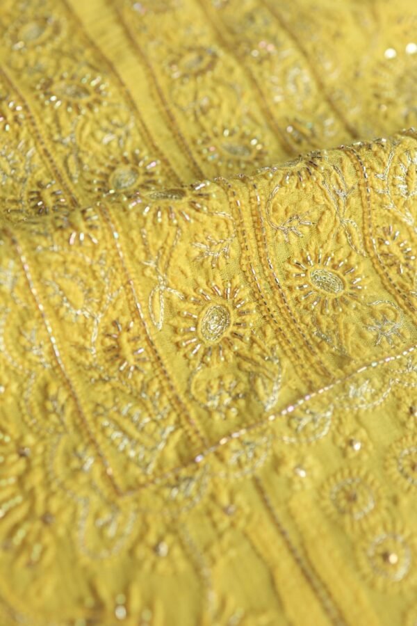 Dull Yellow Maheshwari Chikankari Unstitched Fabric - Image 3
