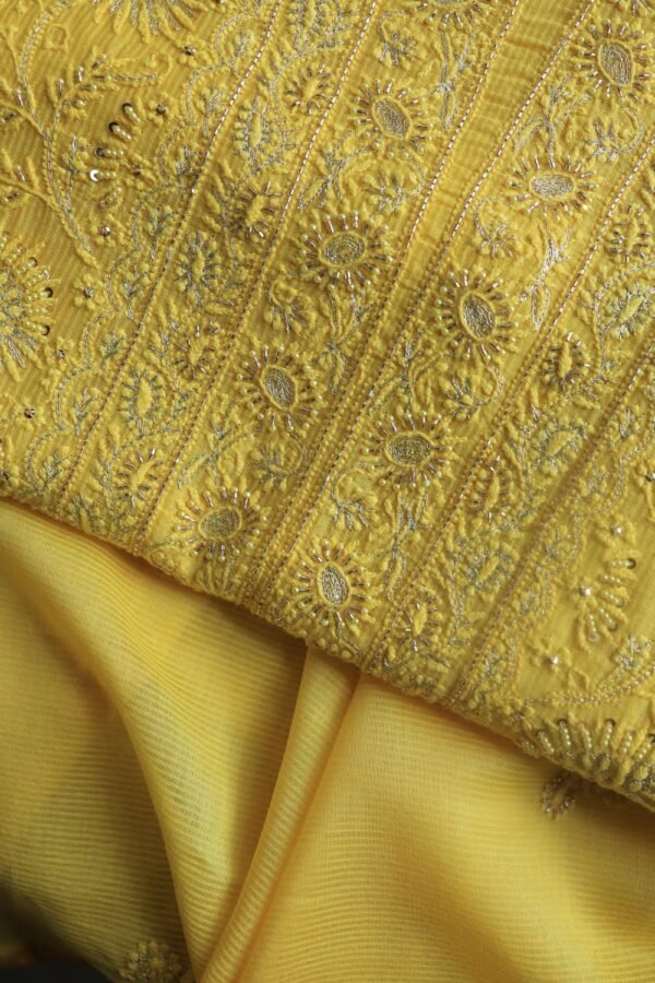 Dull Yellow Maheshwari Chikankari Unstitched Fabric - Image 2