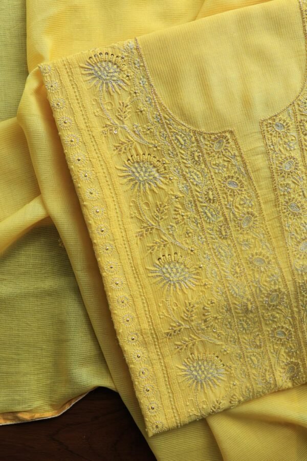 Dull Yellow Maheshwari Chikankari Unstitched Fabric - Image 6