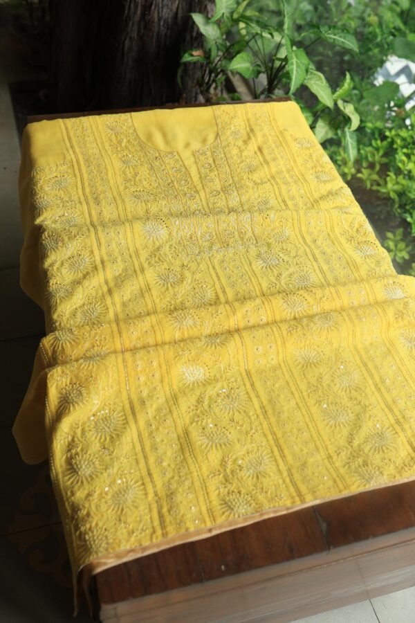 Dull Yellow Maheshwari Chikankari Unstitched Fabric - Image 9