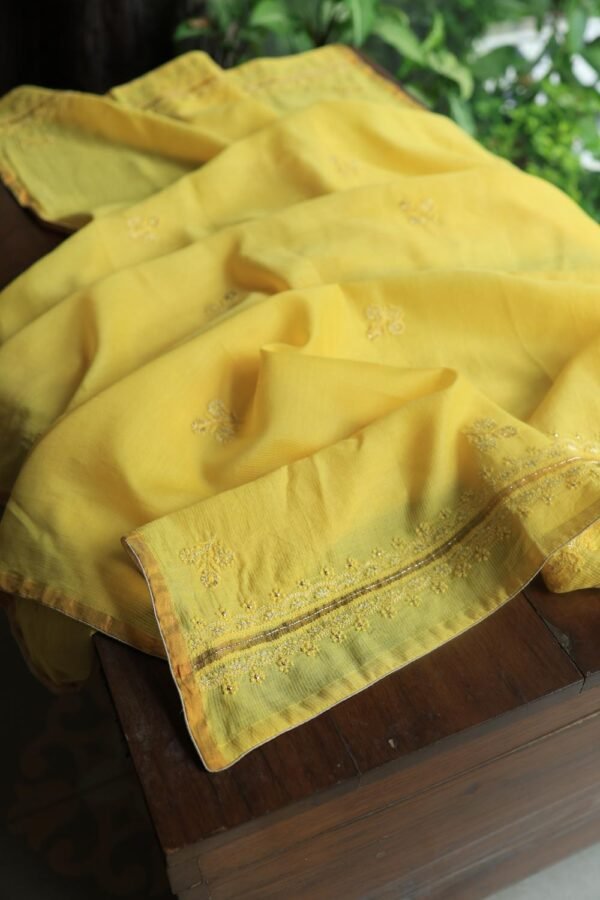 Dull Yellow Maheshwari Chikankari Unstitched Fabric - Image 15