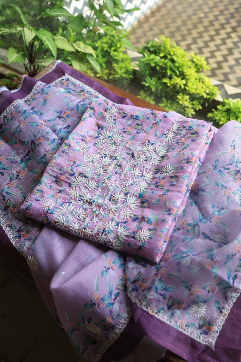 Floral Printed Kota Chikankari With Sequins Work Unstitched Kurta Dupatta Set