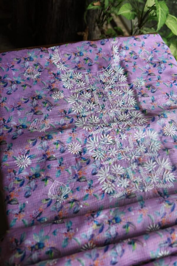 Floral Printed Kota Chikankari With Sequins Work Unstitched Kurta Dupatta Set - Image 10