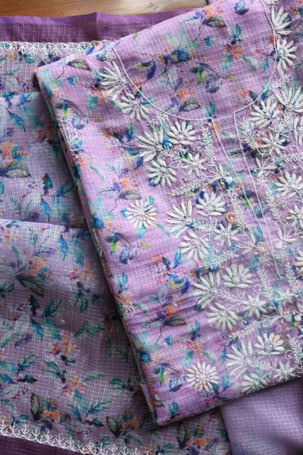 Floral Printed Kota Chikankari With Sequins Work Unstitched Kurta Dupatta Set - Image 4