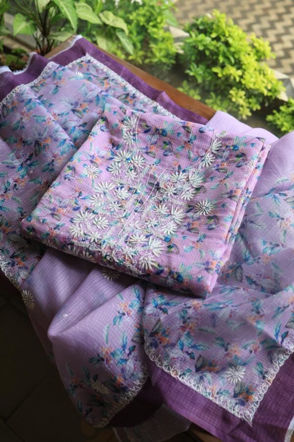 Floral Printed Kota Chikankari With Sequins Work Unstitched Kurta Dupatta Set - Image 3