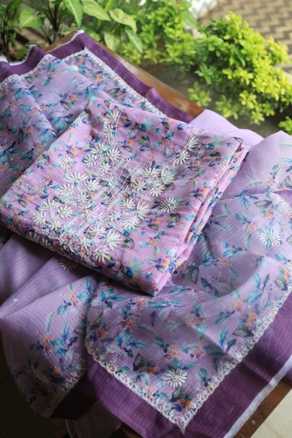 Floral Printed Kota Chikankari With Sequins Work Unstitched Kurta Dupatta Set - Image 8