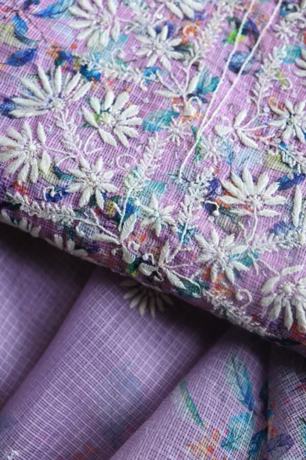 Floral Printed Kota Chikankari With Sequins Work Unstitched Kurta Dupatta Set - Image 2