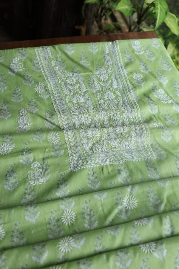 Green Cotton Chikankari Unstitched Kurta Fabrics - Image 4