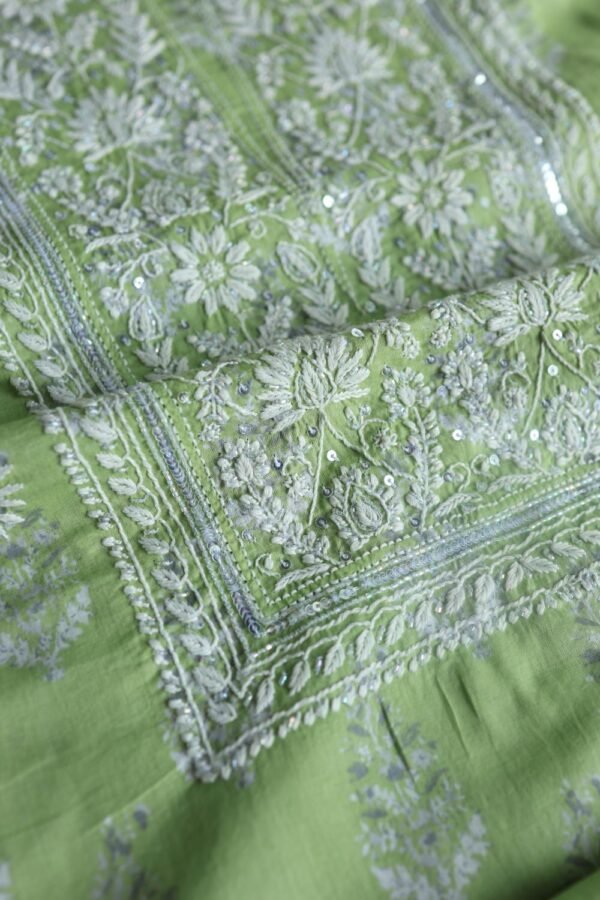 Green Cotton Chikankari Unstitched Kurta Fabrics