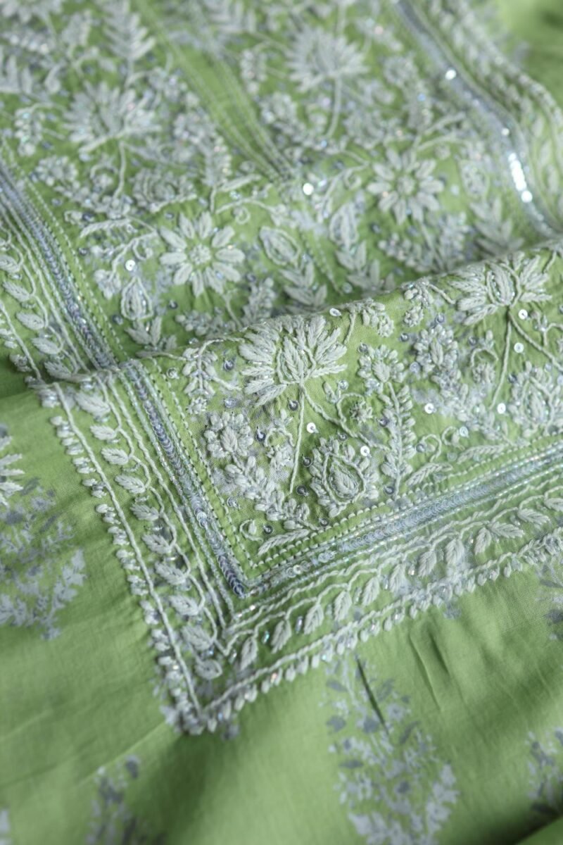 Green Cotton Chikankari Unstitched Kurta Fabrics