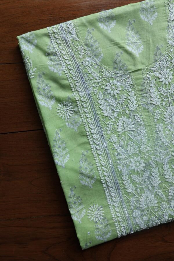 Green Cotton Chikankari Unstitched Kurta Fabrics - Image 3