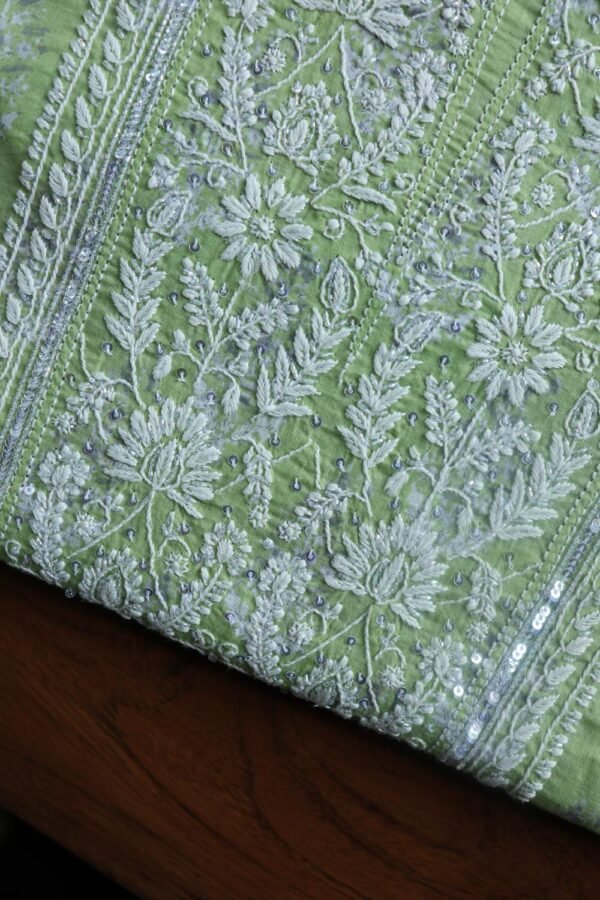 Green Cotton Chikankari Unstitched Kurta Fabrics - Image 2