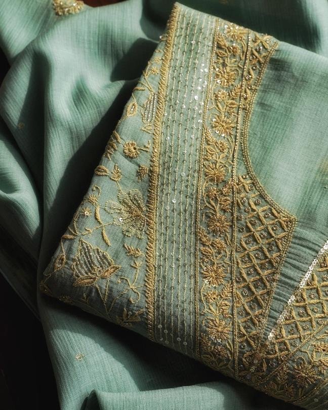 Green Mal Chanderi Silk Chikankari With Sequins Unstitched Kurta Dupatta Set