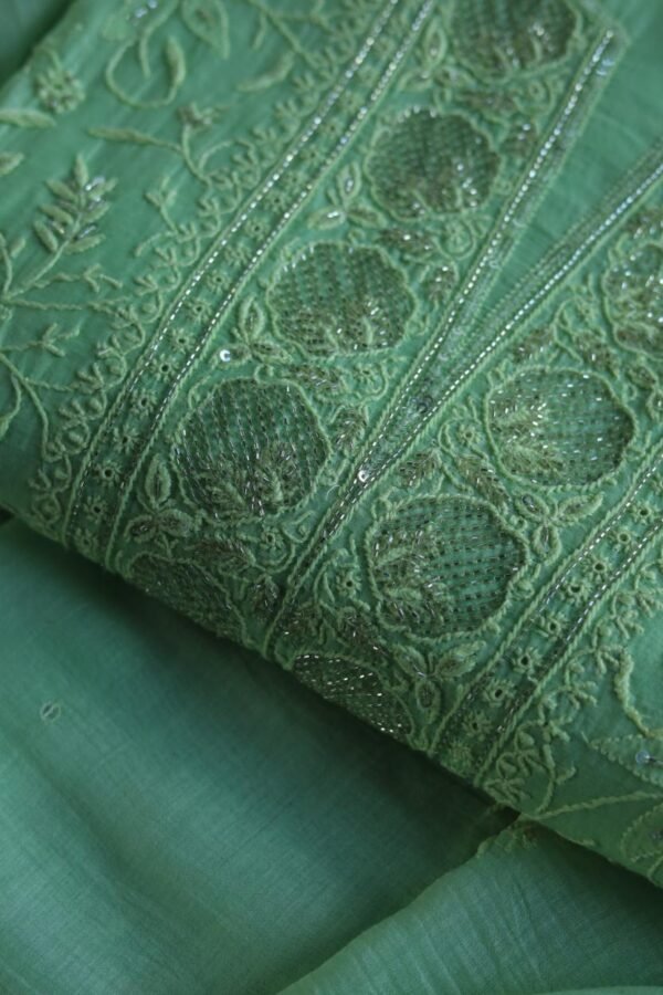 Green Mal Chanderi Silk Chikankari With Sequins Unstitched Kurta Dupatta Set - Image 2