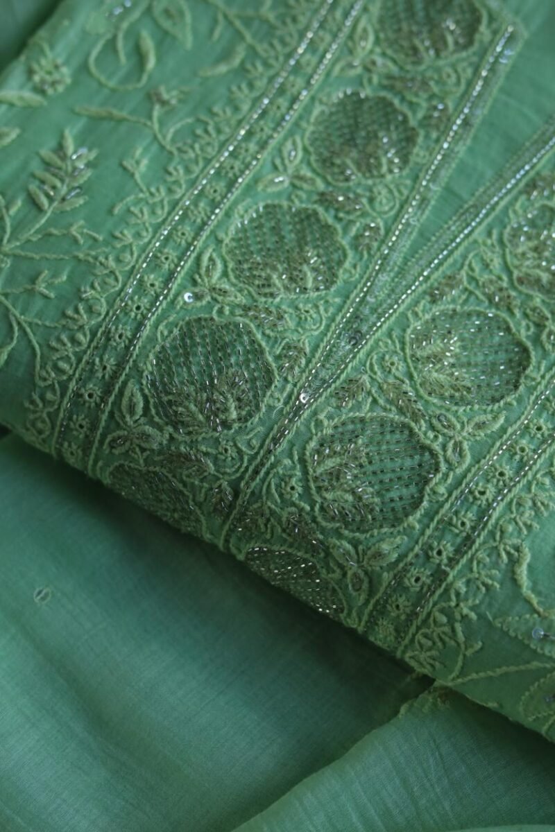 Green Mal Chanderi Silk Chikankari With Sequins Unstitched Kurta Dupatta Set