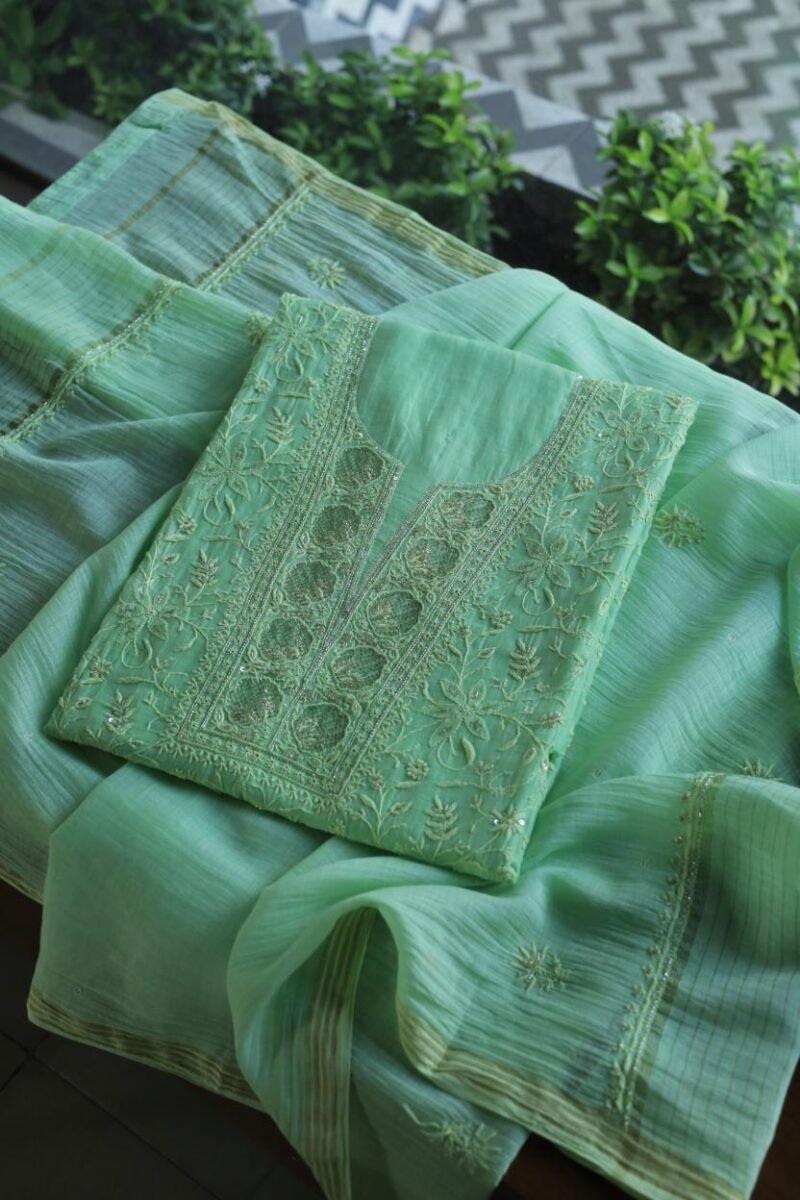 Green Mal Chanderi Silk Chikankari With Sequins Unstitched Kurta Dupatta Set